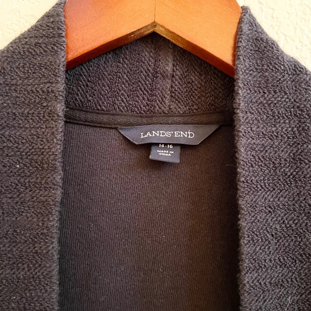 Lands End Thick Terrycloth Black Knit Open Front‎ Cardigan Sweater Size 14 16